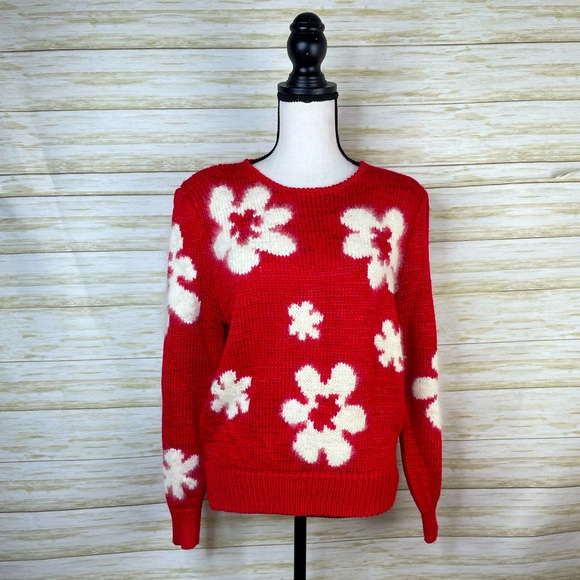 Vintage Sweaters - Vintage Groovy Red White Mohair Angora Floral Open Knit Sweater